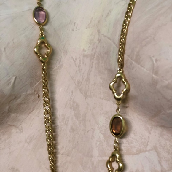 VTG 70s Gold Tone Dbl Curb Fancy Chain 36" Opera Length Necklace/Colored Stones - Picture 4 of 12